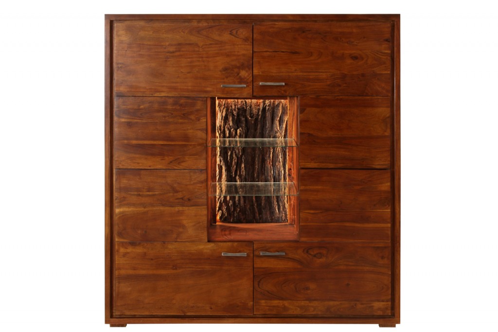 B-Ware Einzelstück Highboard massiv 145 x 153 x 40 cm Akazienholz nougatfarben LISSABON II